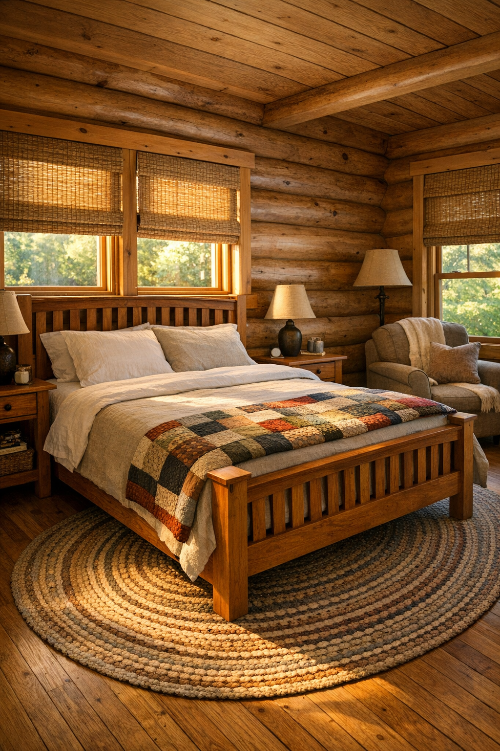 Bedroom with handcrafted wood bed, linen bedding, and soft natural light