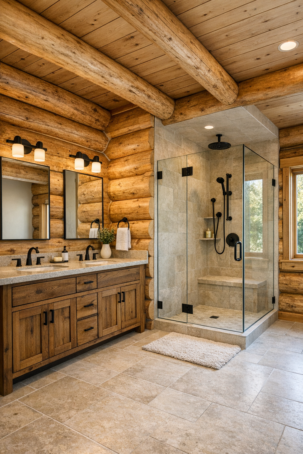 Relaxed rustic bathroom with wood vanity, stone flooring, and glass shower