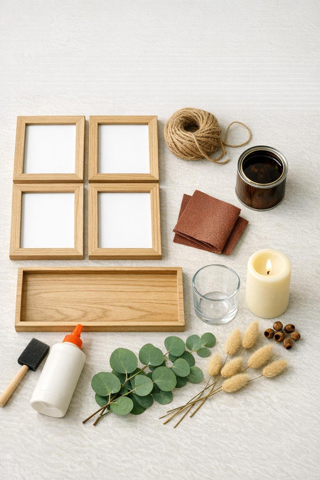 Wooden frames, jute cord, wood base, stain, candle, and natural styling materials laid out neatly