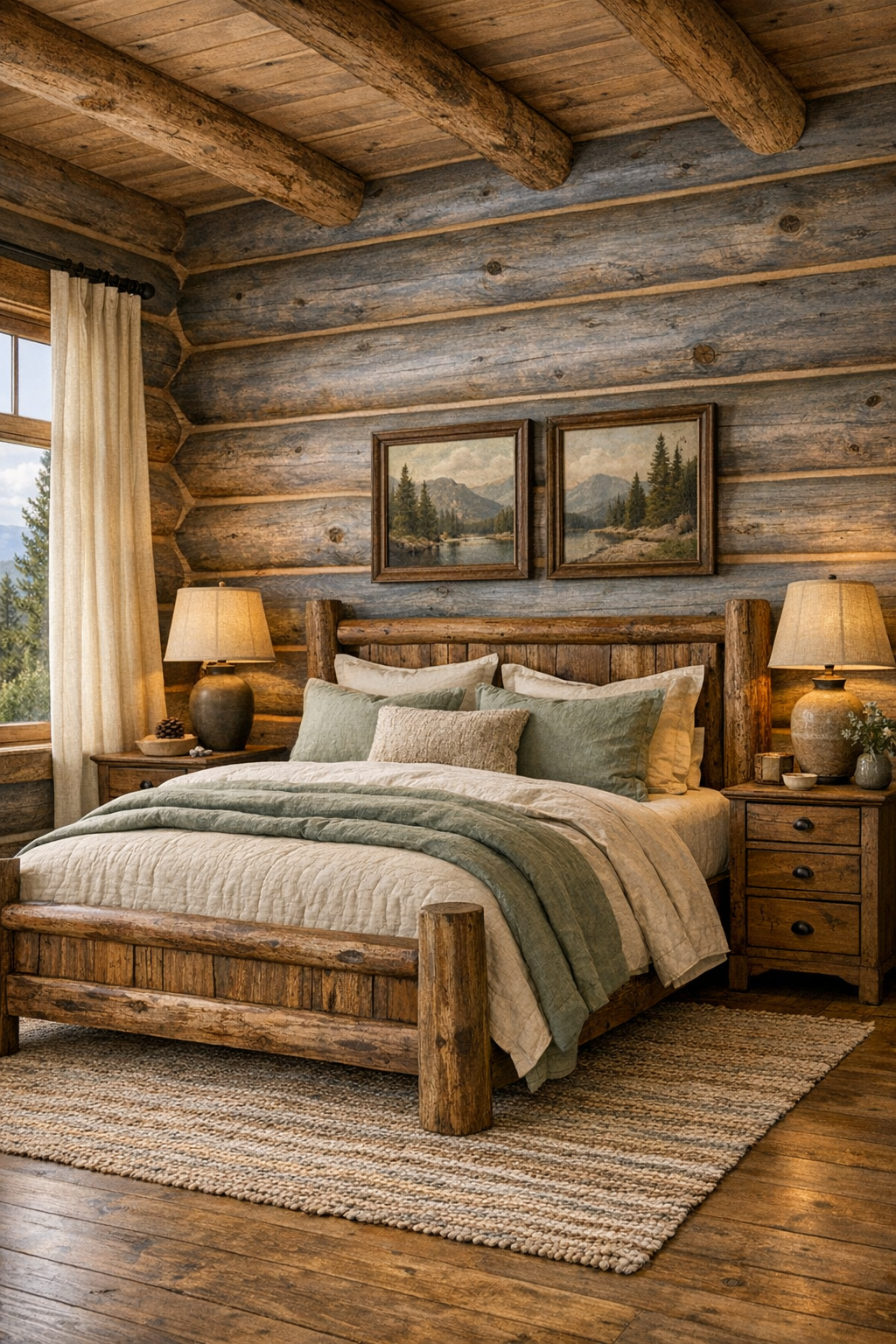 Calm traditional bedroom with layered textiles inside a warm log home