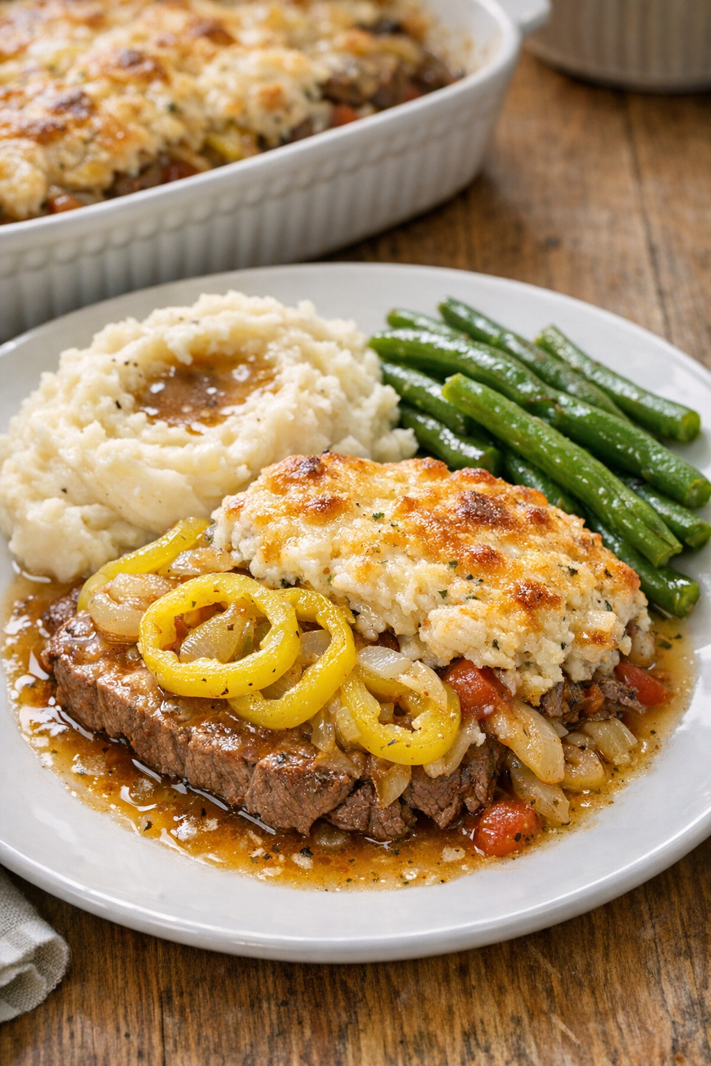 Finished Amish beef and pepper ring casserole plated for dinner