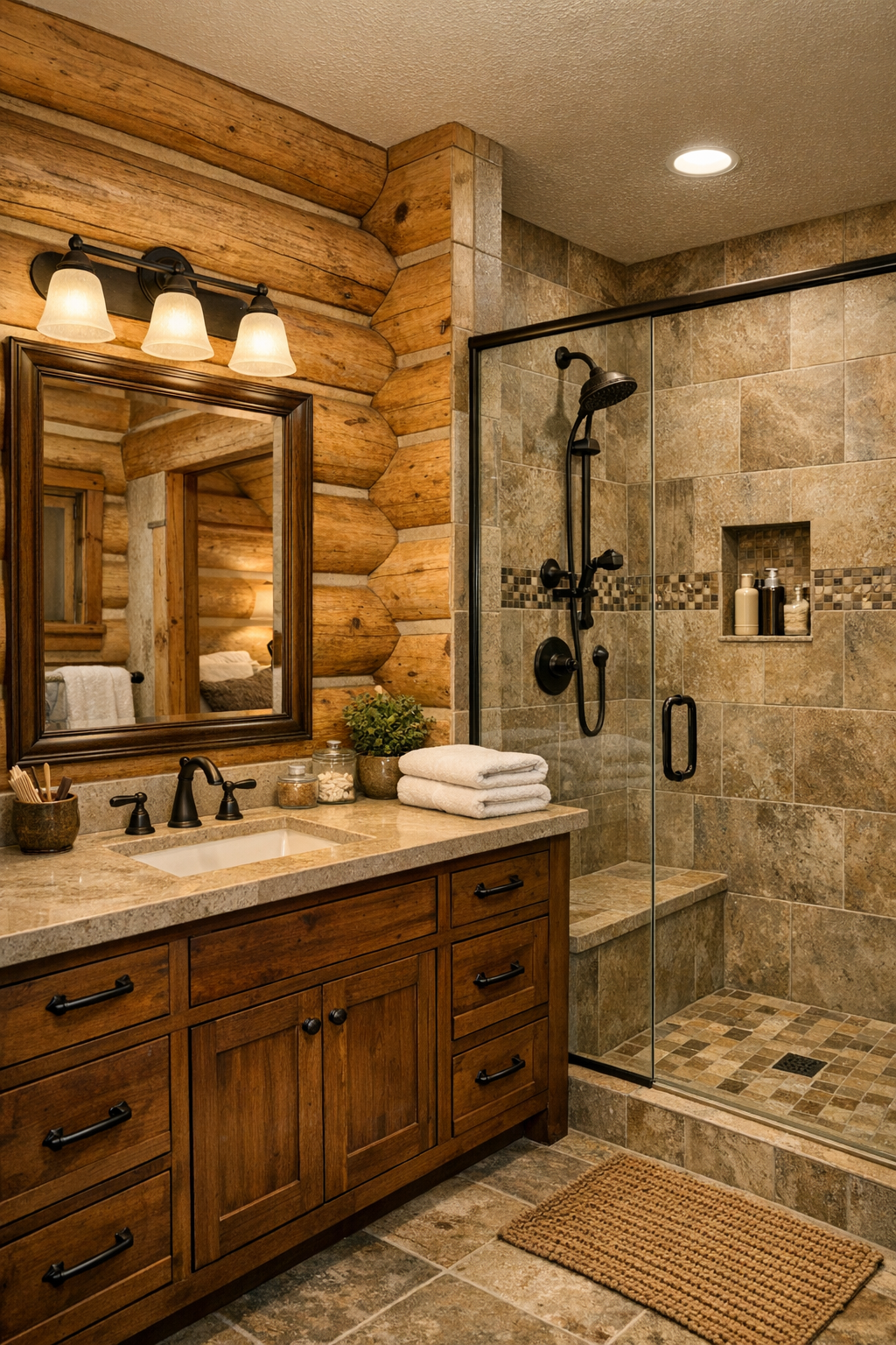 Warm bathroom with wood vanity, stone counters, and tiled walk-in shower