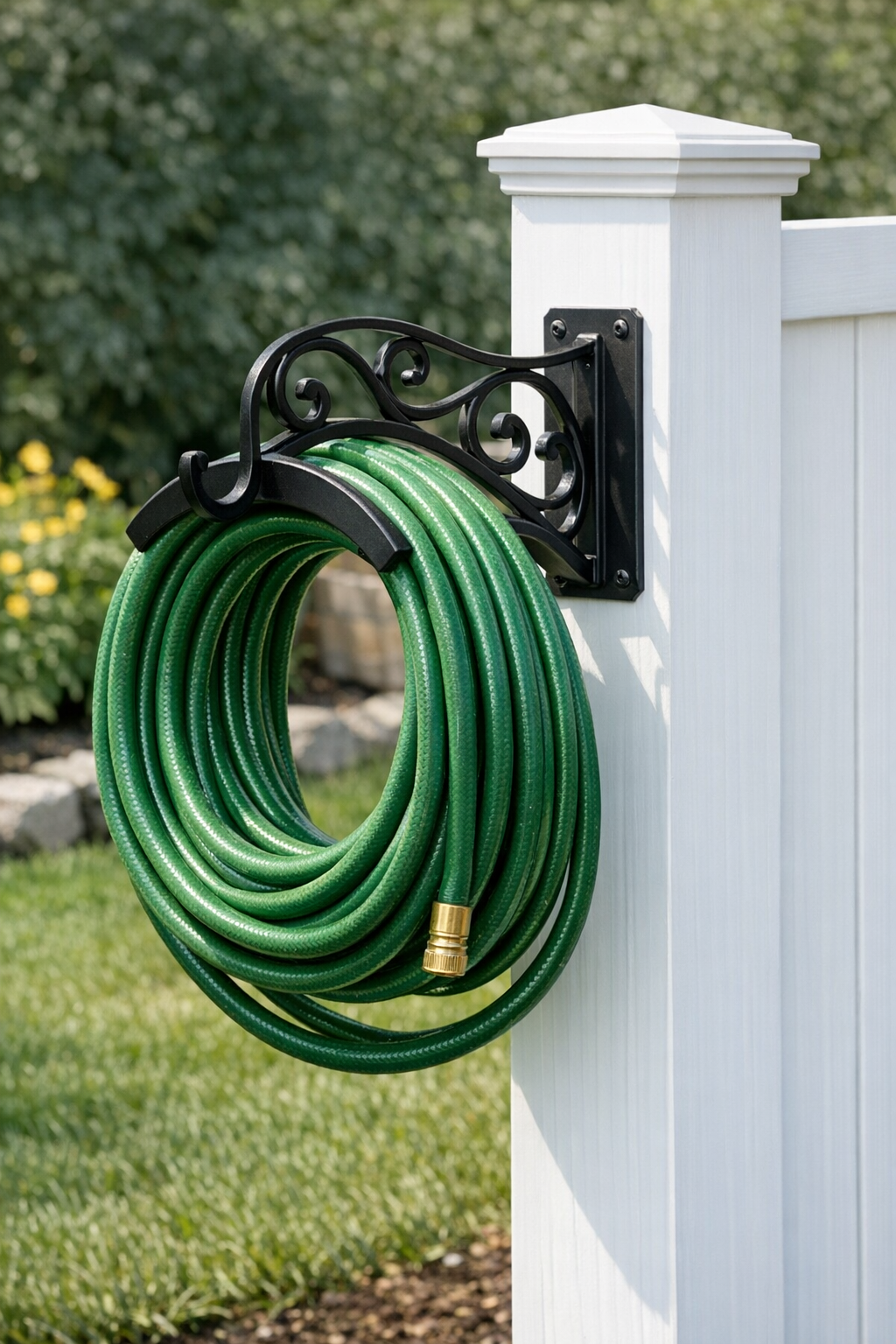 Finished DIY garden hose holder mounted on a painted fence post
