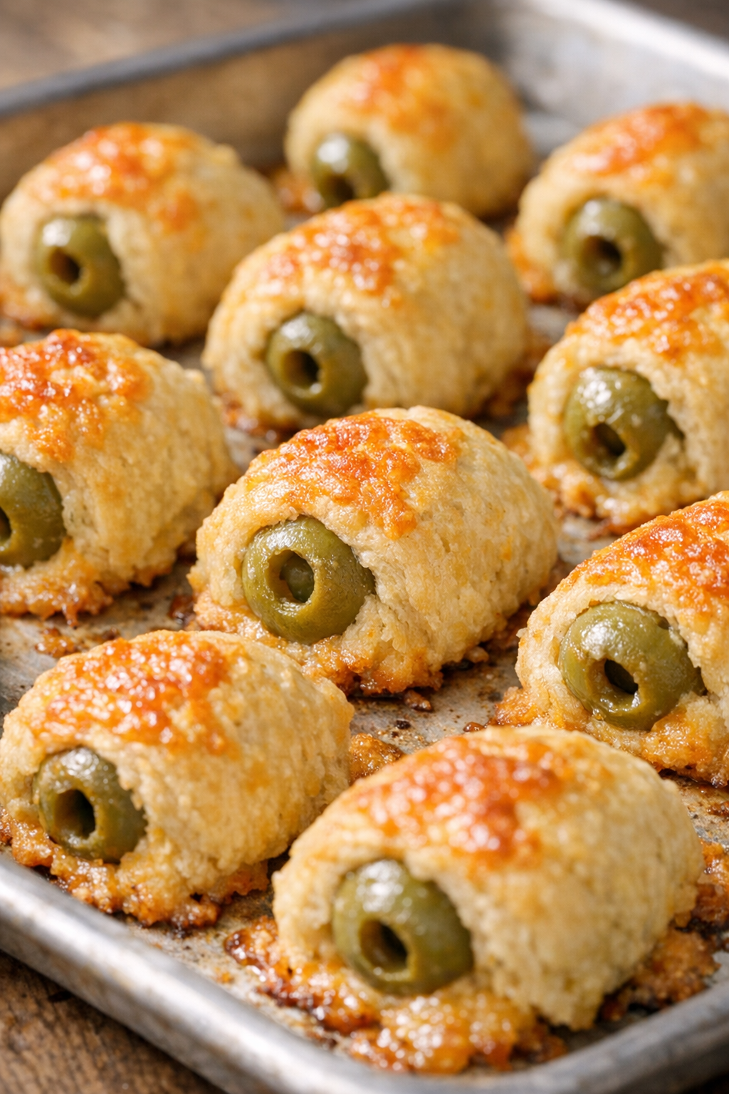 Freshly baked olive bites turning golden on the tray