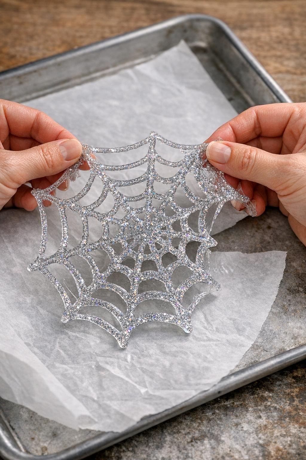 Flexible glitter spiderweb being peeled from parchment paper