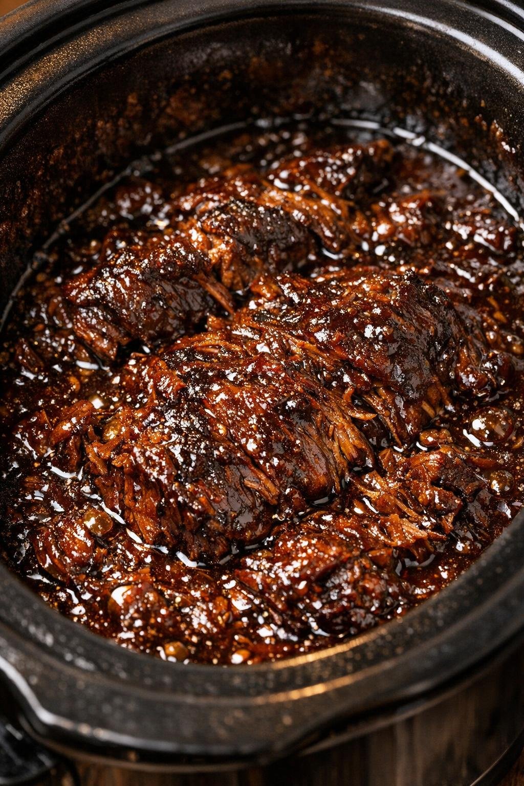 Slow cooker beef roast in a rich glossy sauce