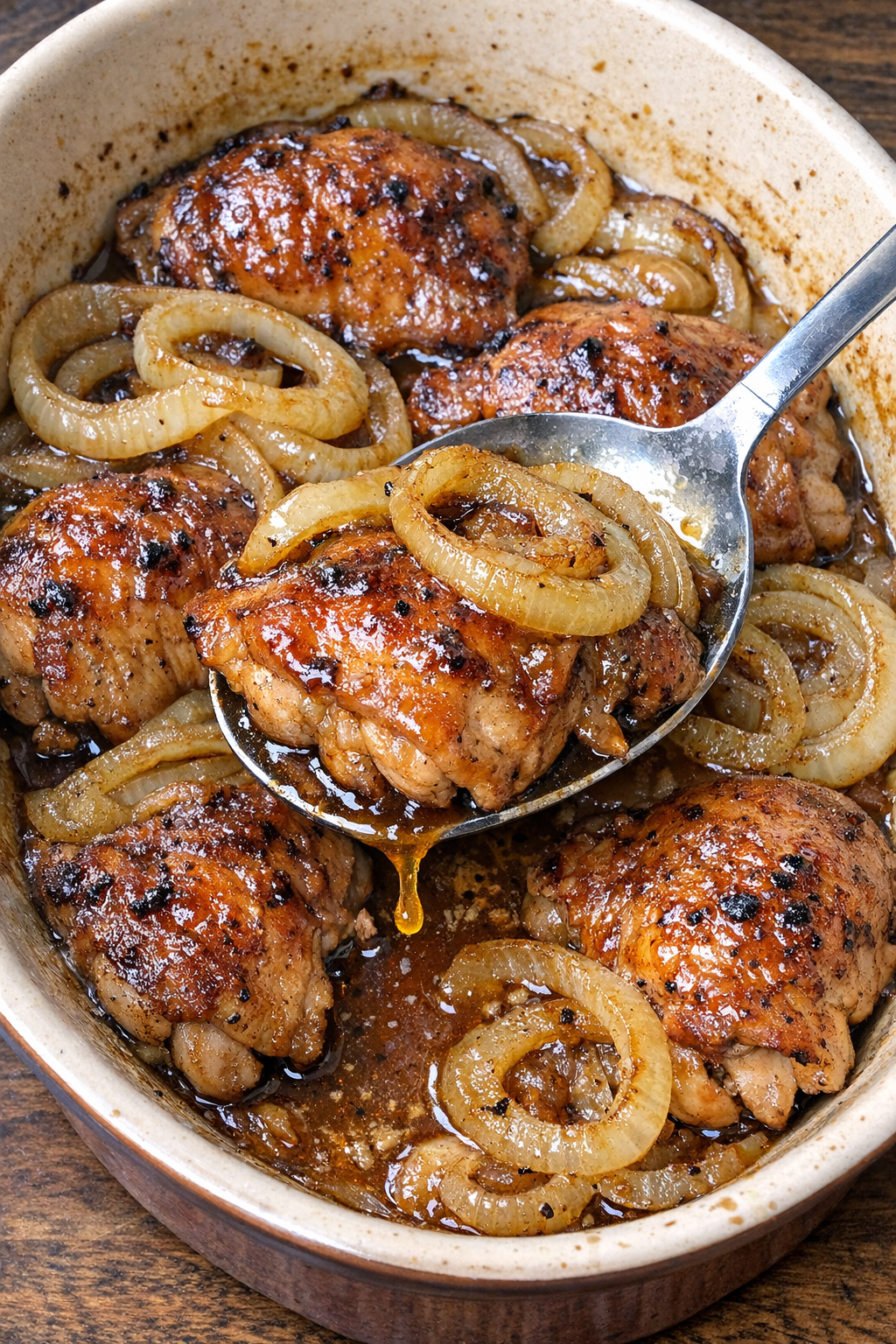 Tender glazed chicken thighs with caramelized sweet onion rings in an oval stoneware baking dish