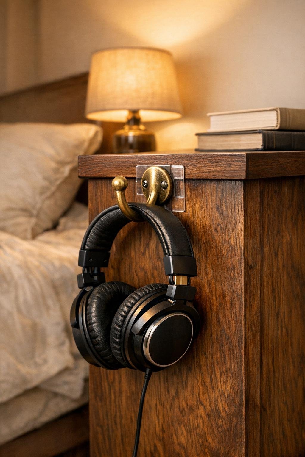 Finished headphone hook attached to the side of a dark walnut nightstand