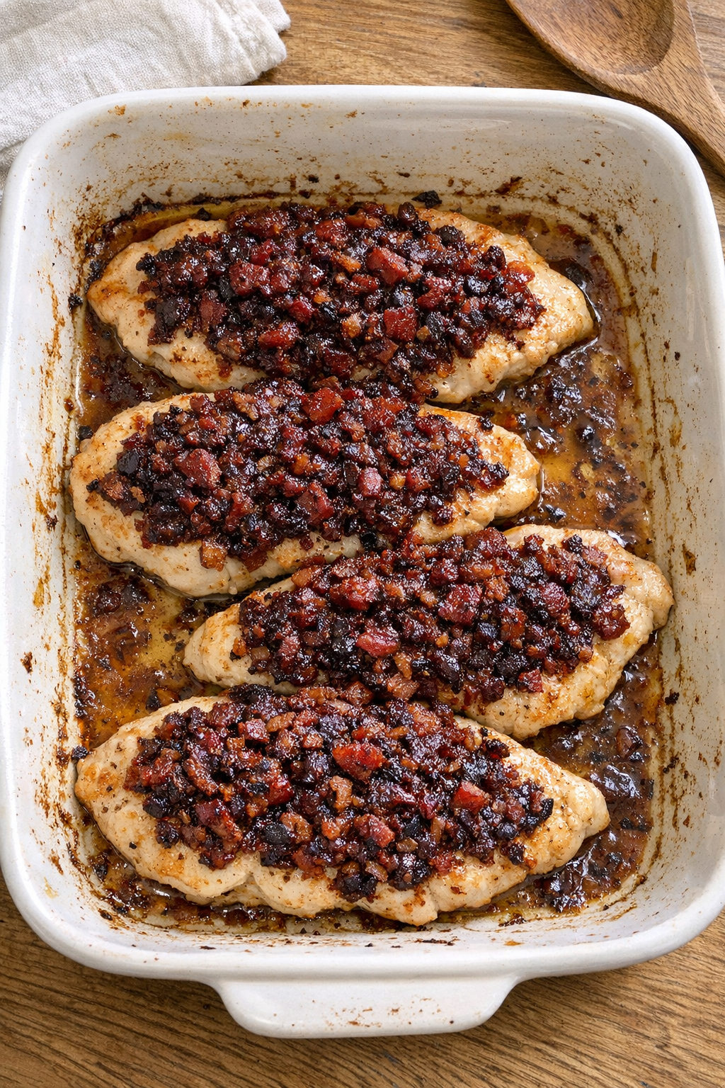 Baked chicken cutlets in a ceramic dish with a dark red savory topping