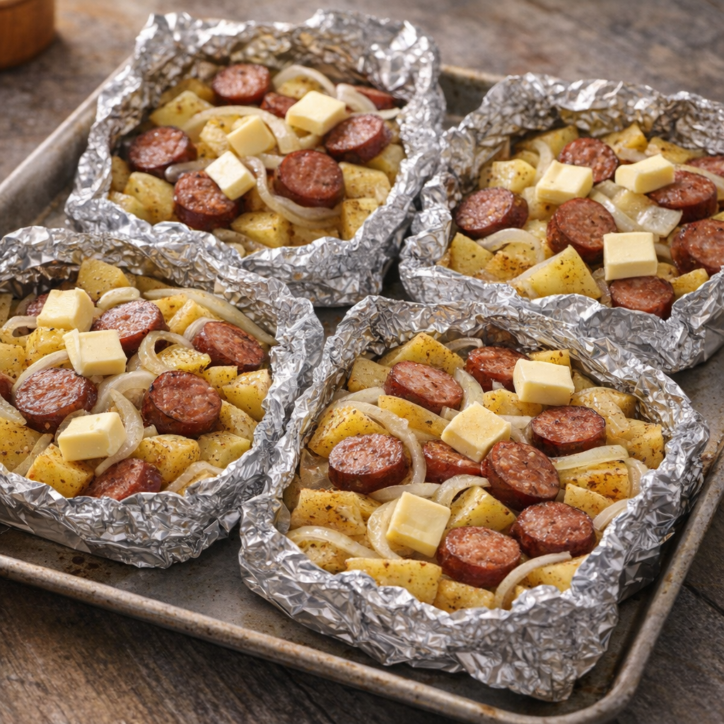 Worst, aardappelen en uien op folie gelegd voor het bakken.