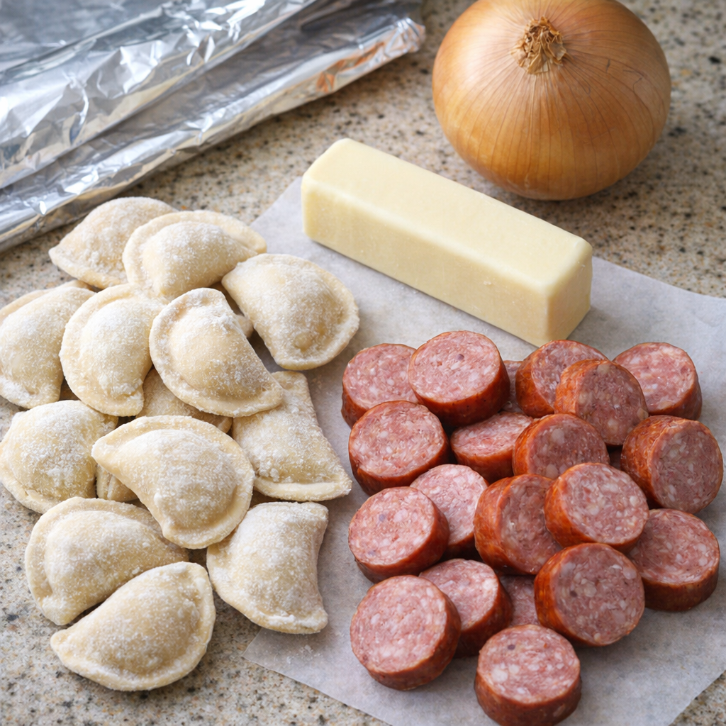 Foil packet sausage and pierogies ingredients on a kitchen counter