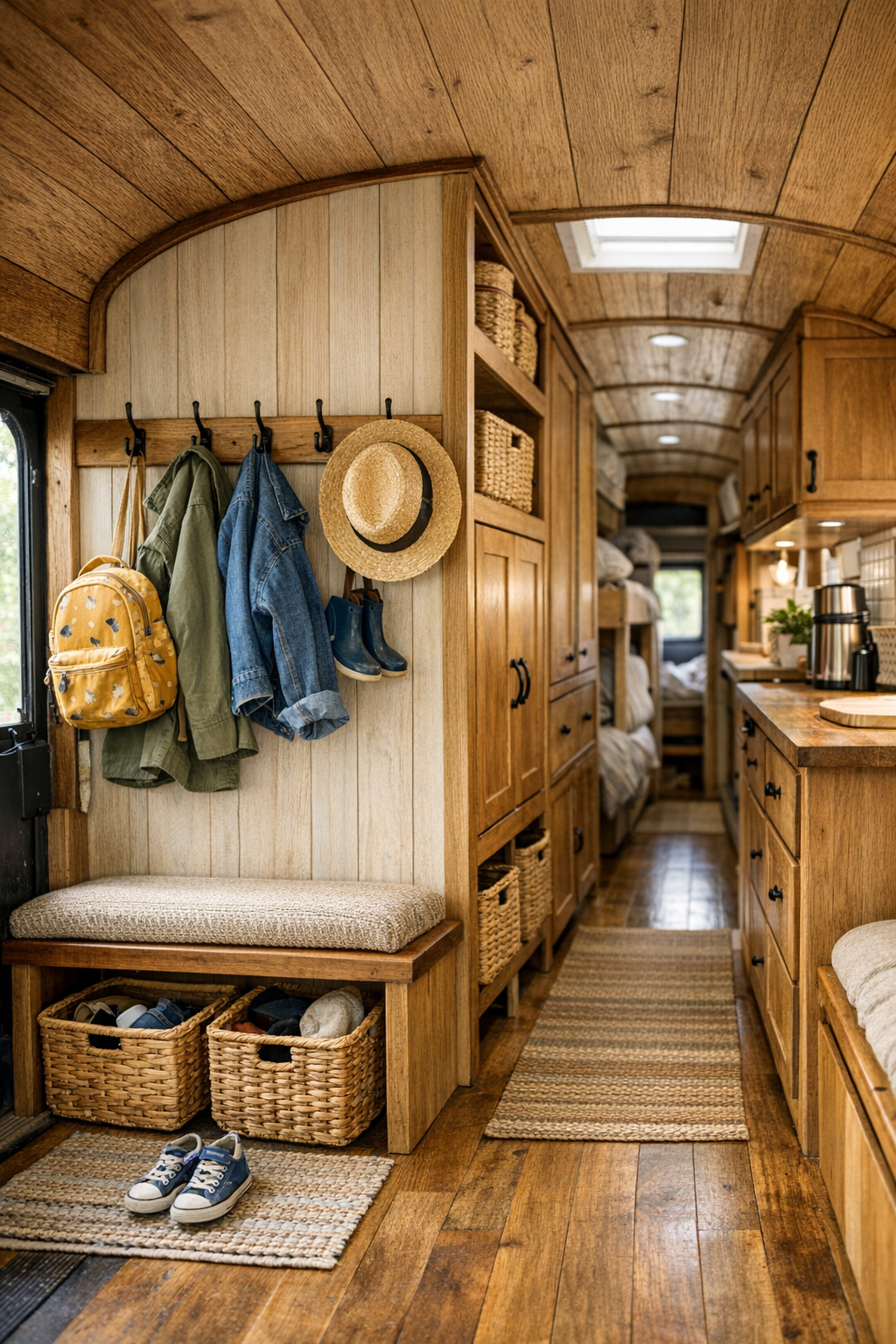 Functional entry and hallway area in the converted bus with hooks and built-in storage