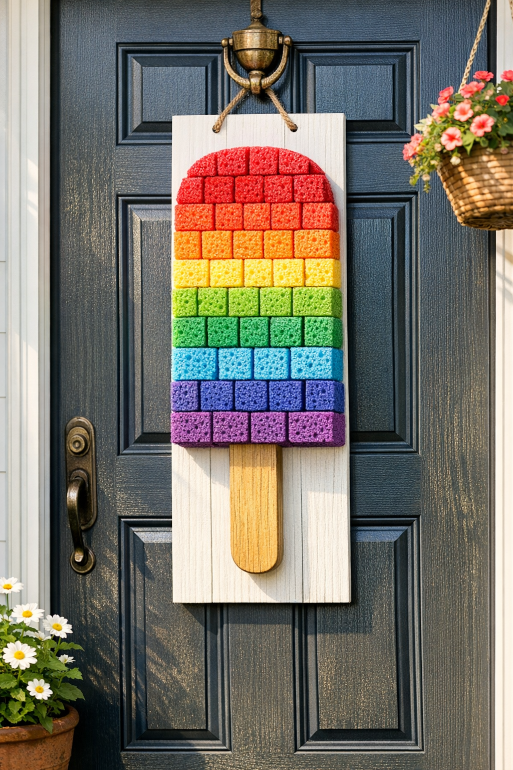 Finished giant summer popsicle front door hanger made from colorful sponges on a wooden board