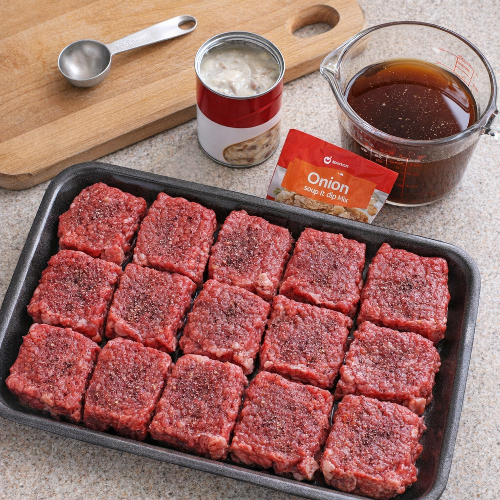 Raw cubed steaks and pantry ingredients on a kitchen counter