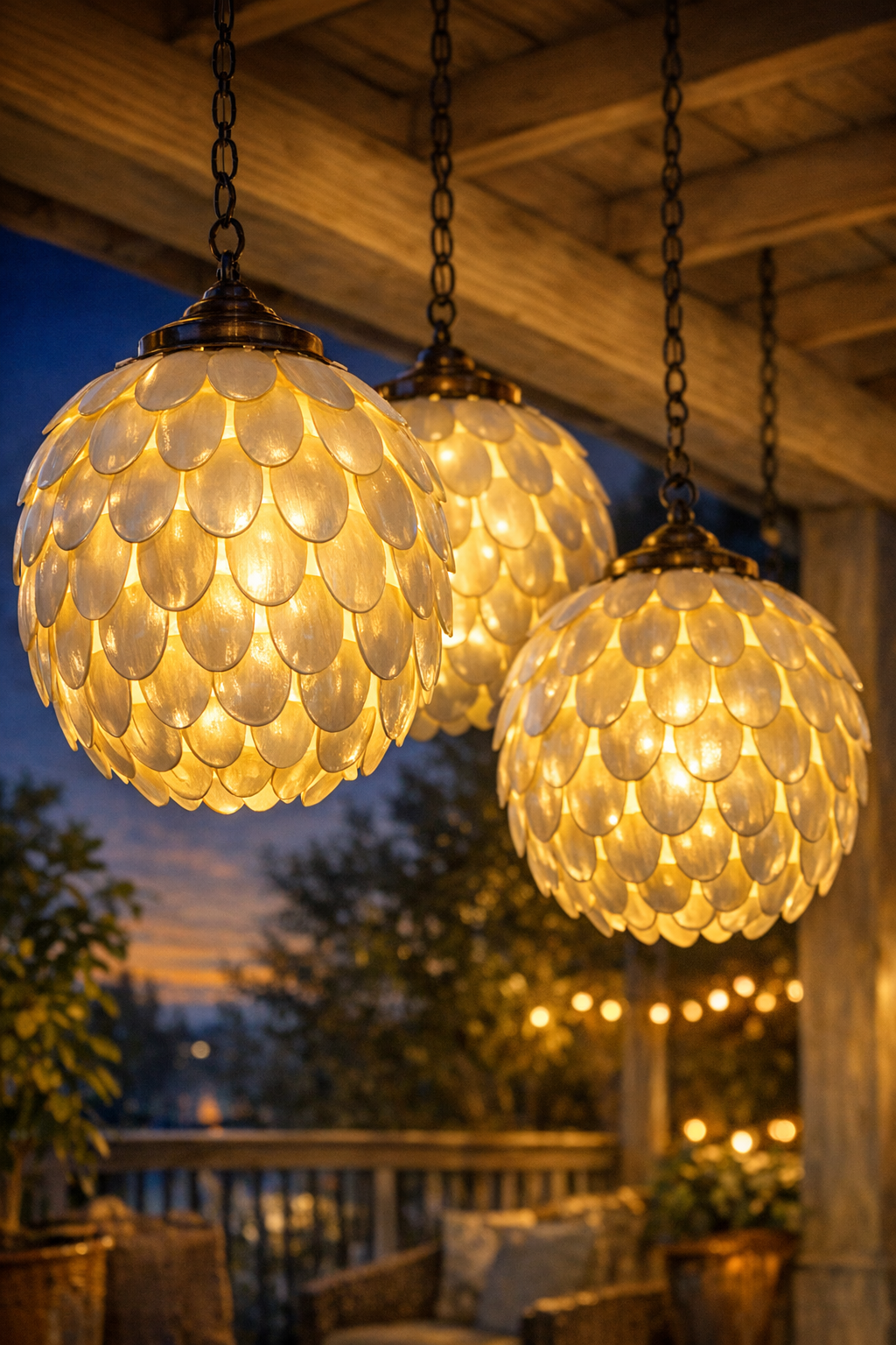 Finished faux capiz shell patio lanterns glowing warmly outdoors