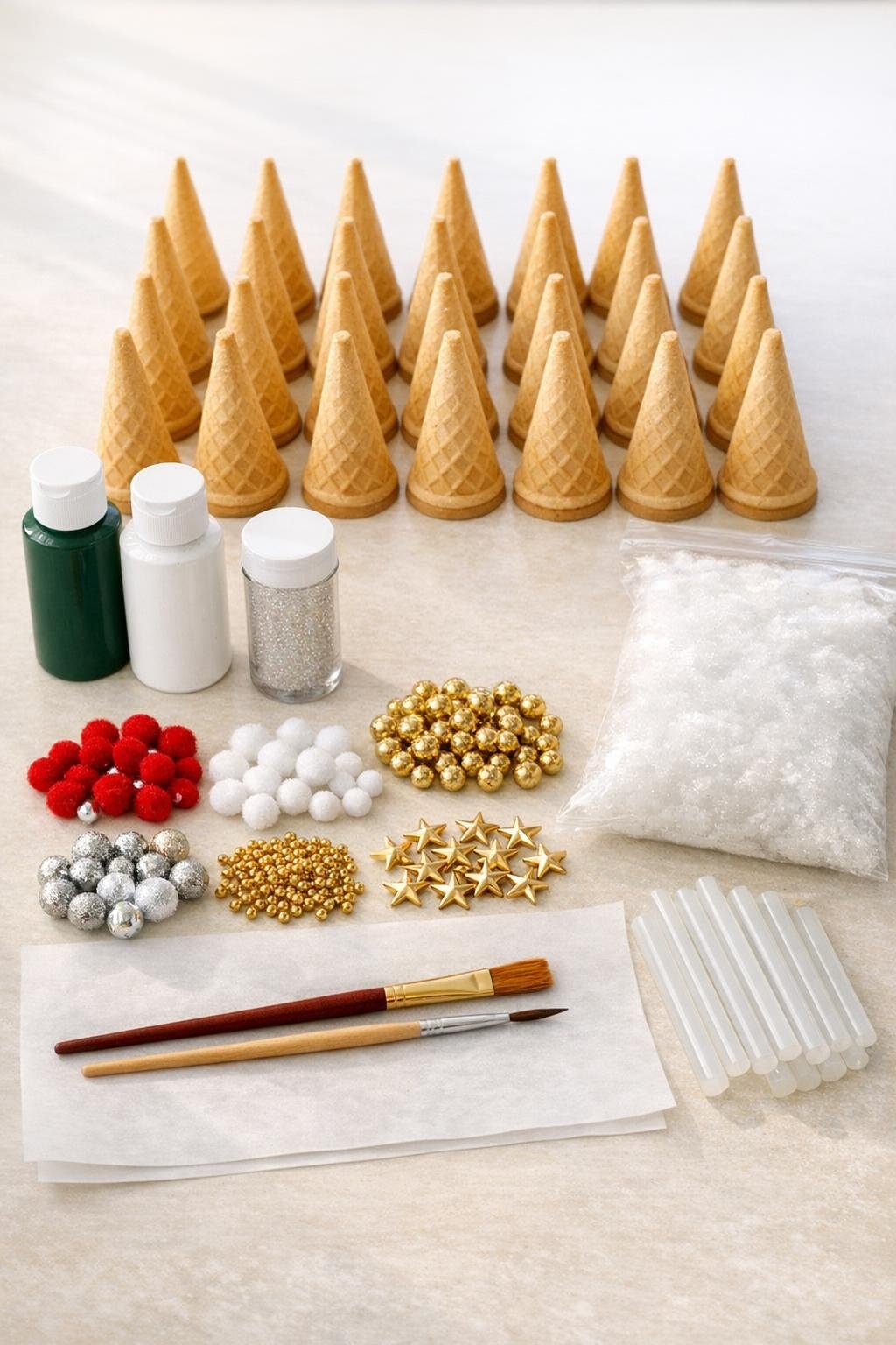 Materials for making a mini Christmas tree village from sugar cones