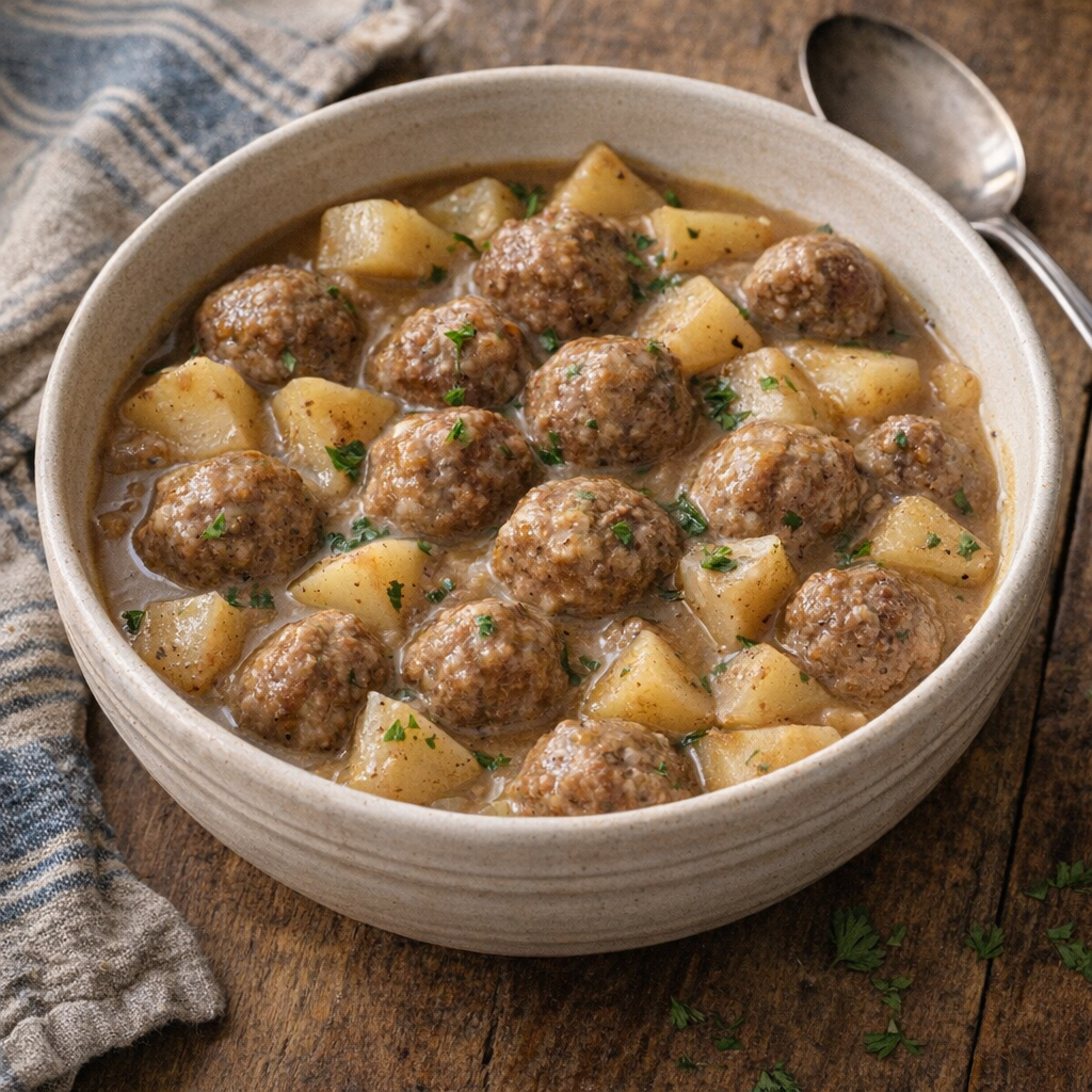 Rustic bowl of Amish meatball stew on a farmhouse table