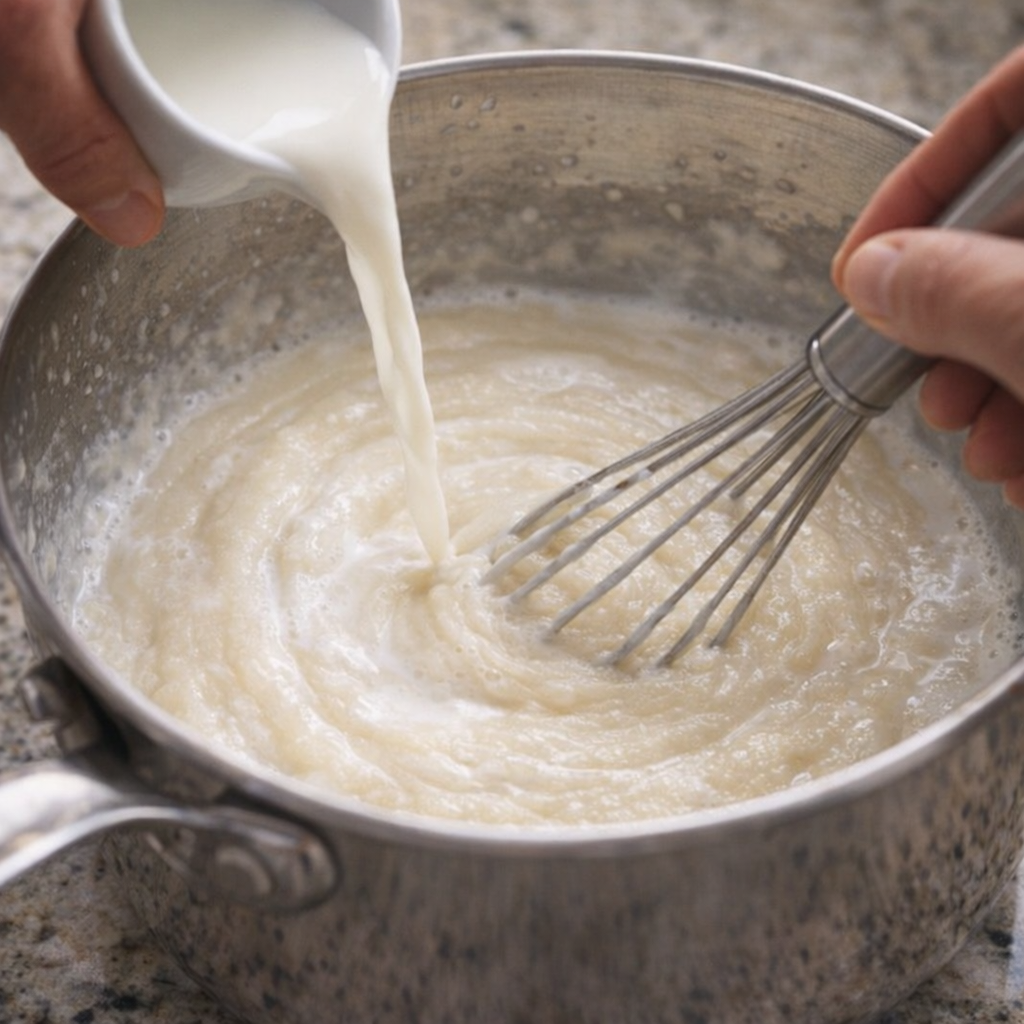 Milk being whisked into sugar and cornstarch in a saucepan