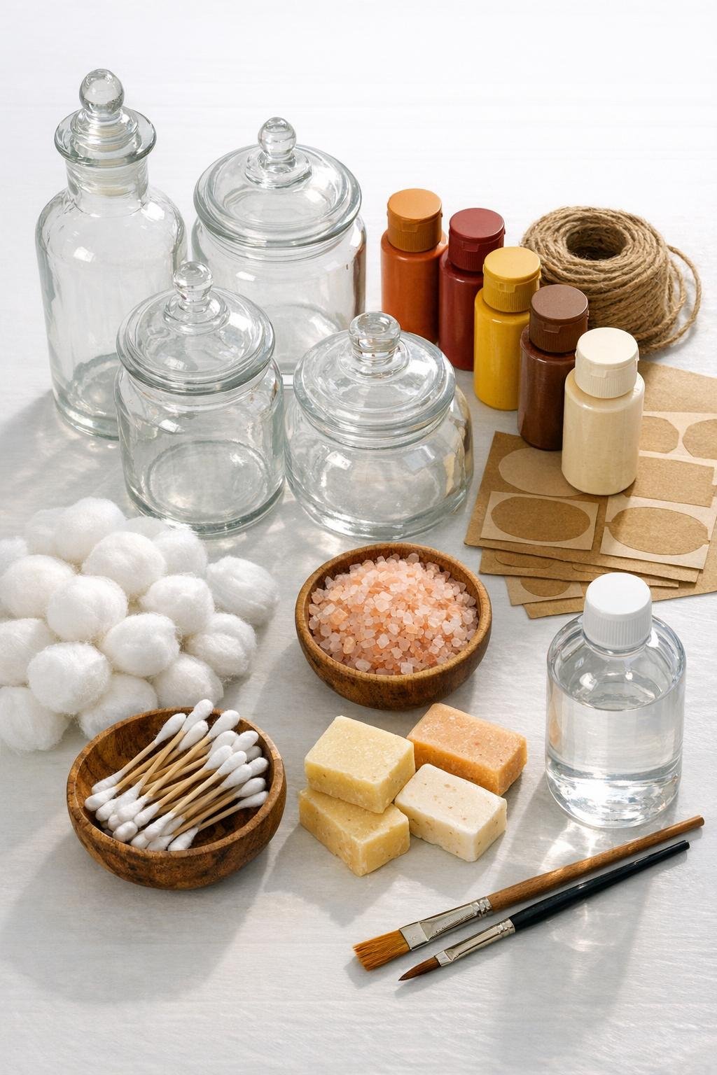 Thrifted glass bottles, paint, labels, twine, and bathroom fill materials laid out together