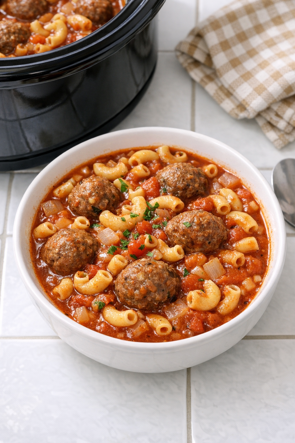 Finished bowl of slow cooker summer goulash with meatballs and macaroni
