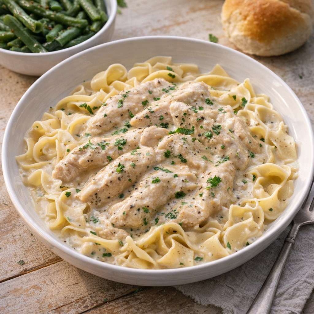 Slow cooker chicken supper served over egg noodles on a country kitchen table
