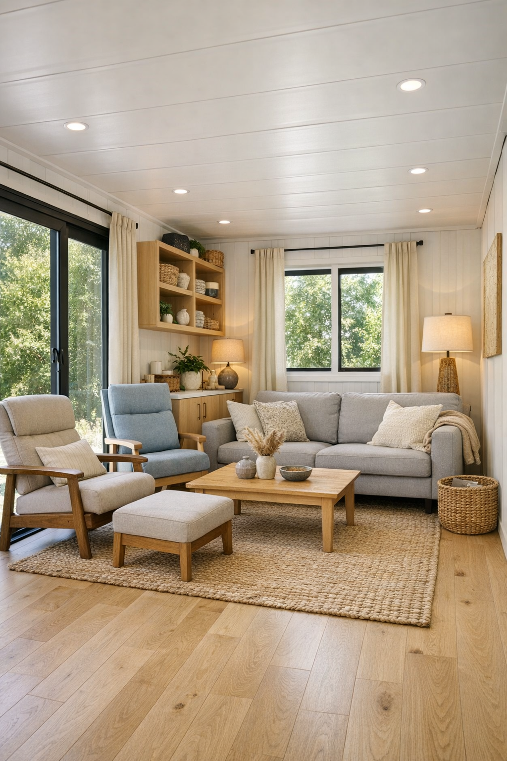 Bright senior-friendly living room with pale oak floors, a soft gray sofa, easy chairs, and wide open circulation paths