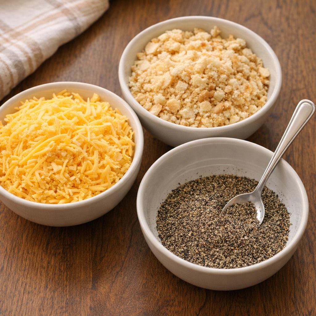 Family-style toppings for chicken and macaroni