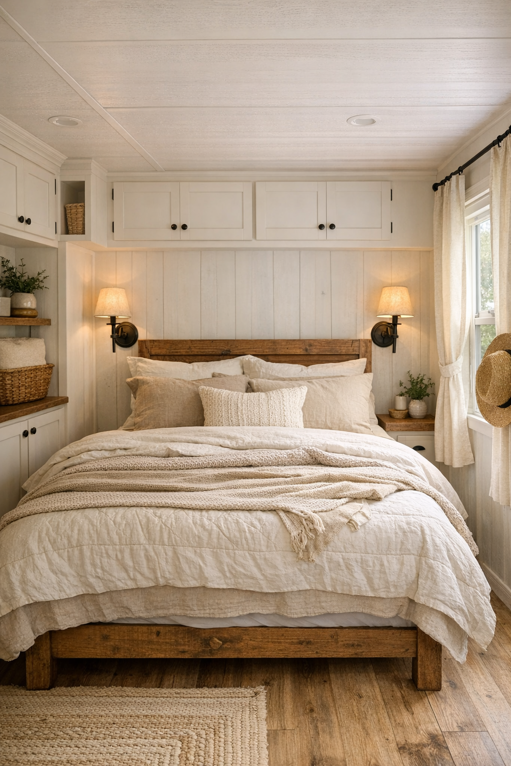 Serene farmhouse bedroom with layered neutral bedding, wood accents, and soft natural light