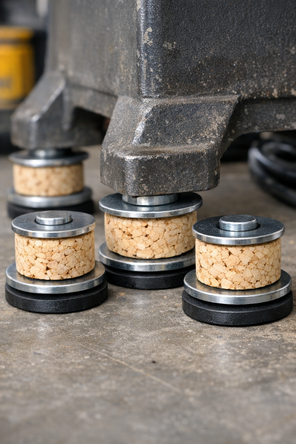 Finished homemade heavy-duty shock absorbers made from synthetic wine corks under equipment