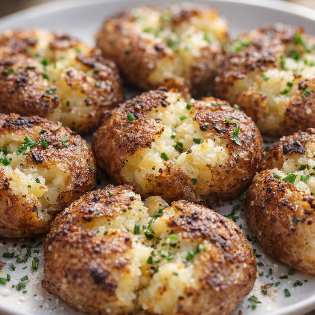 Close-up of crispy potatoes with parsley and chives