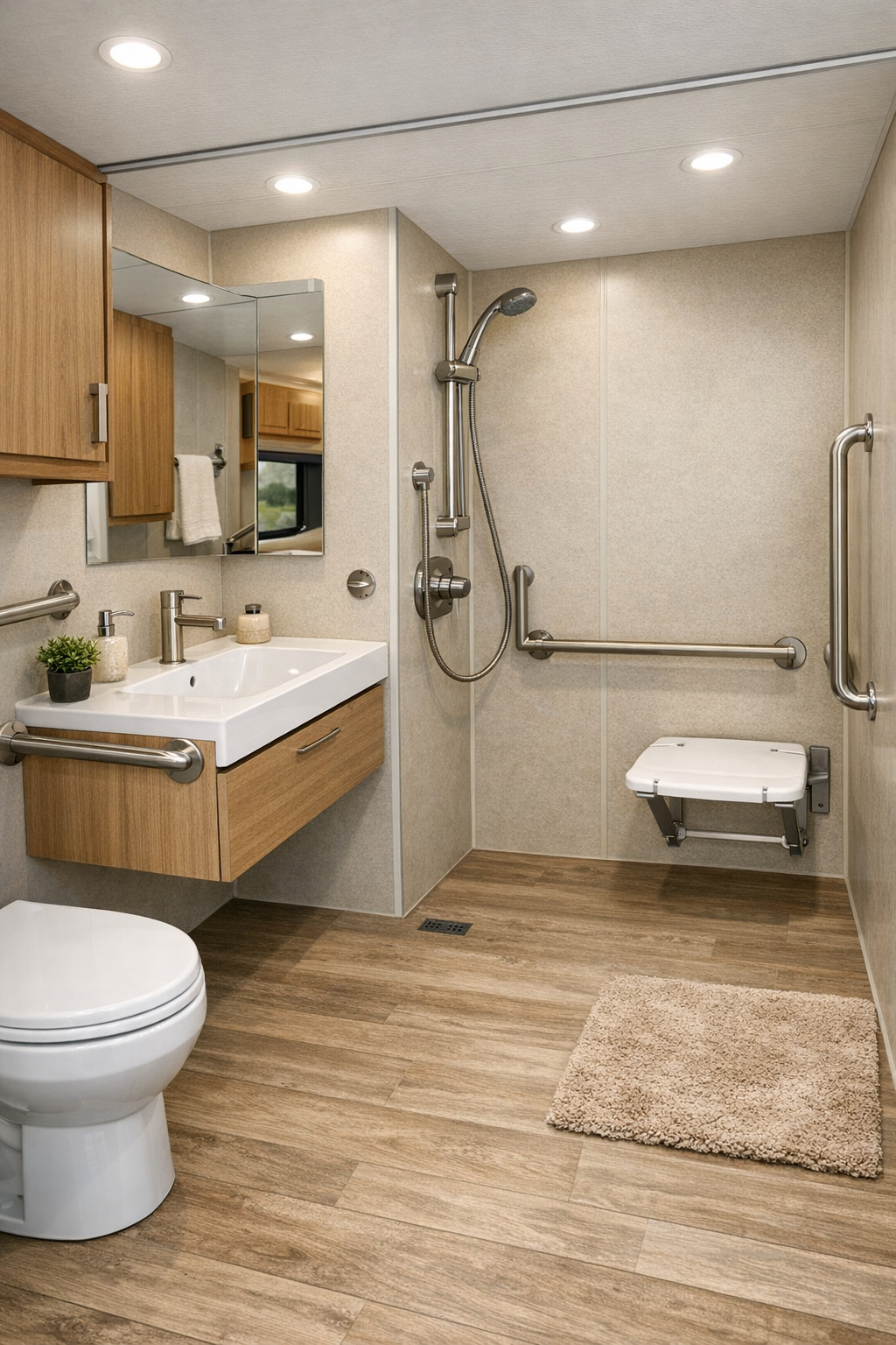 Accessible RV camper bathroom with curbless shower and brushed steel fixtures