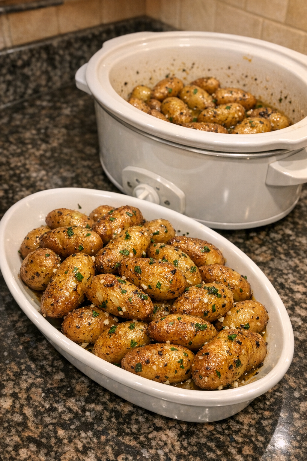 Finished butter crisp baby potatoes served warm