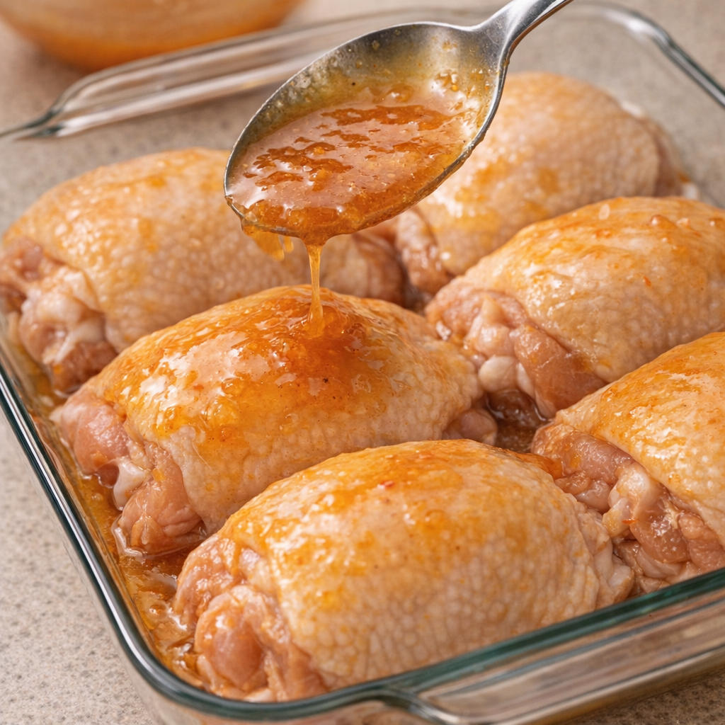 Glossy apricot sauce being spooned over chicken thighs