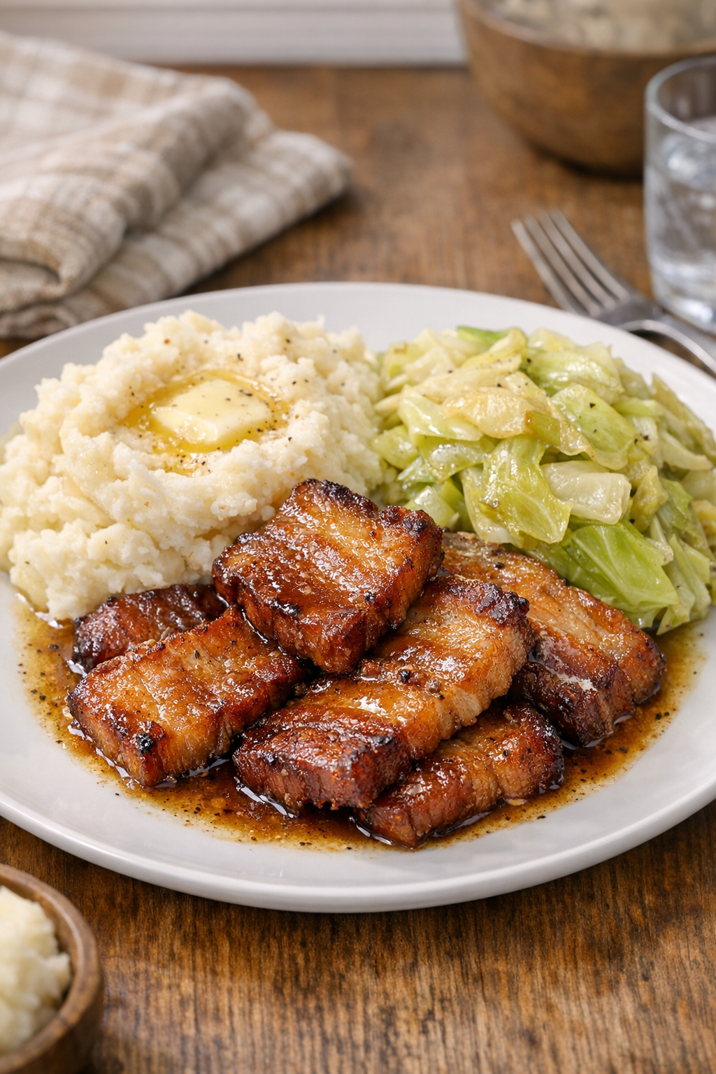 Finished vintage salt pork plated with potatoes and cabbage