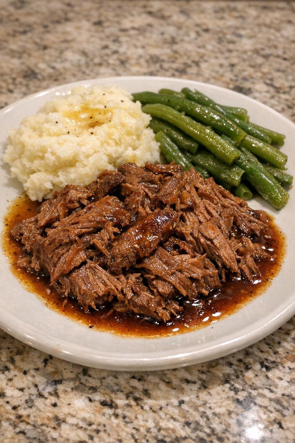 Plated shredded beef with rich sauce