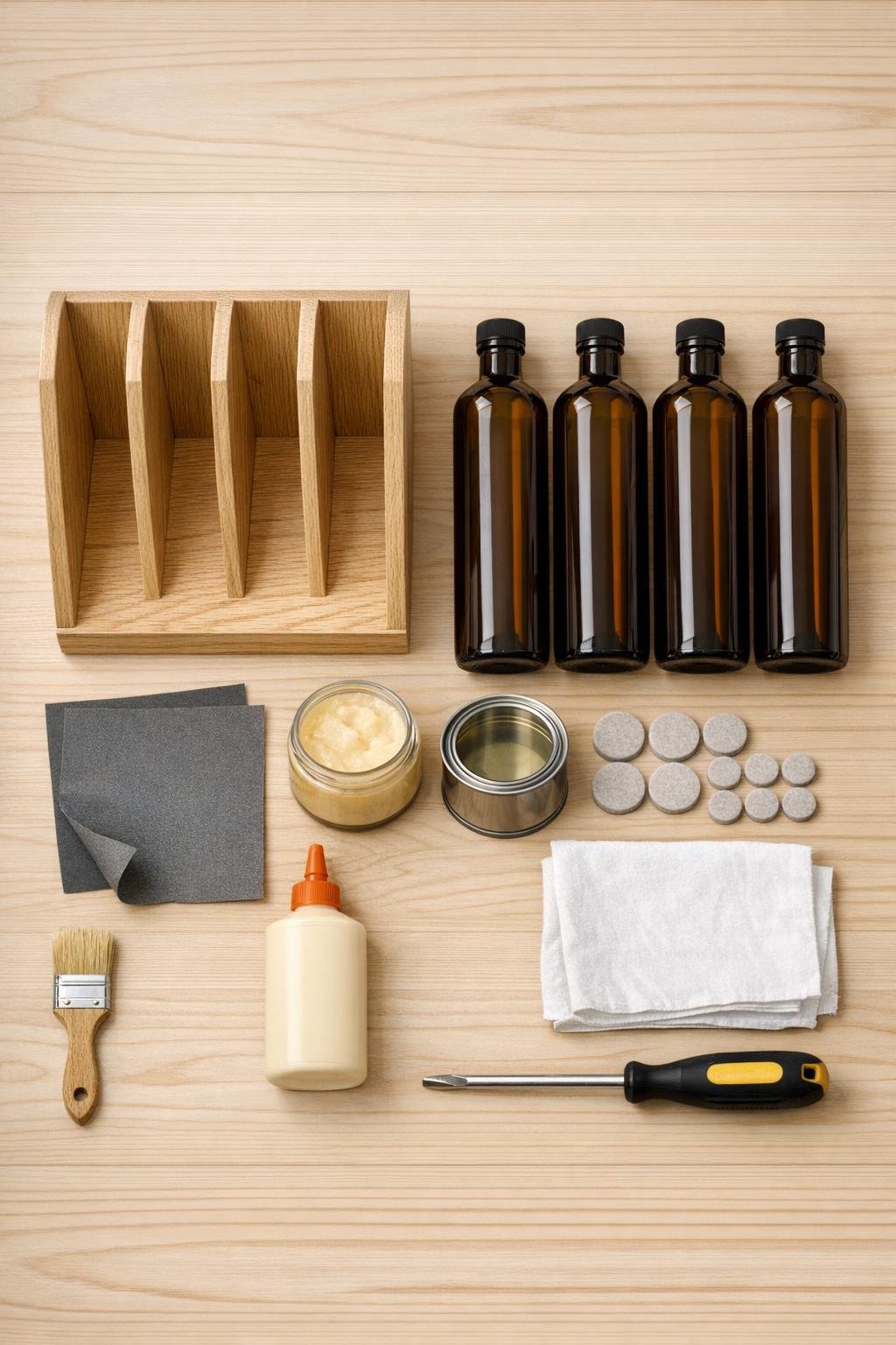 Materials laid out for the wooden oil bottle caddy project