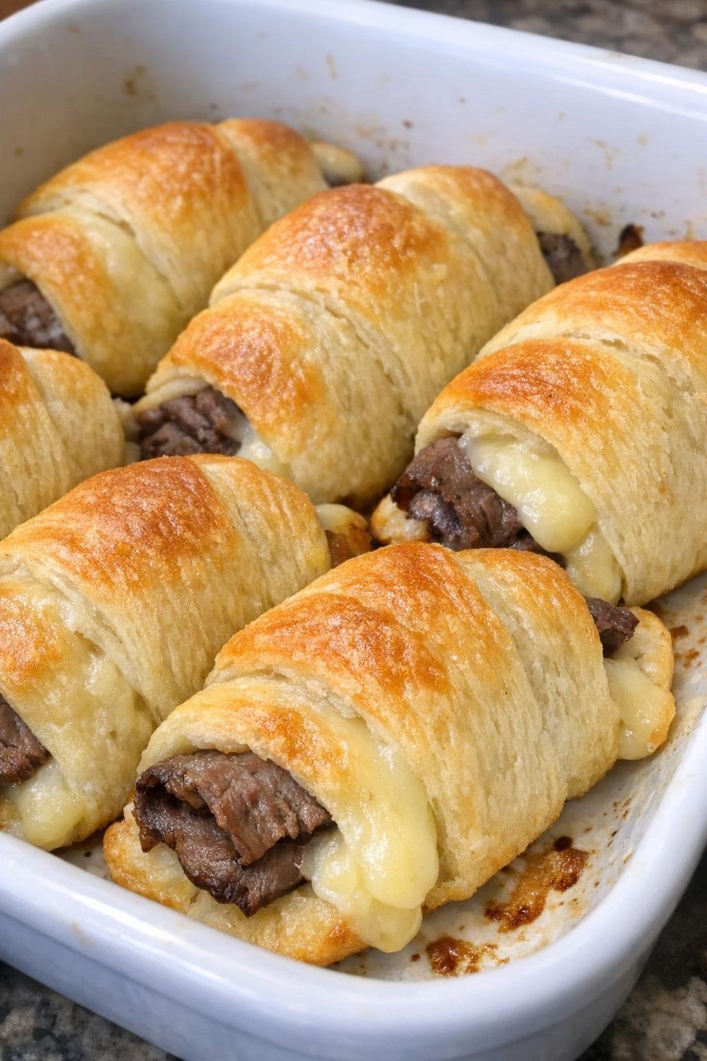 Golden brown roast beef and edam crescent rolls in a white baking dish