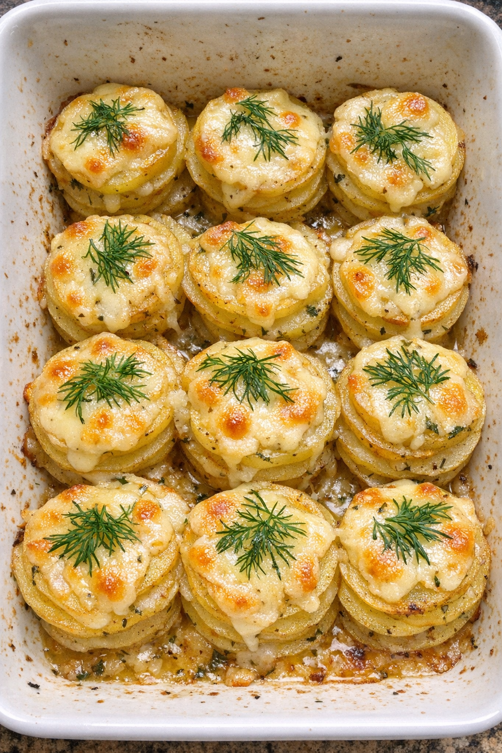 Layered golden potato stacks with melted havarti and dill in a white baking dish