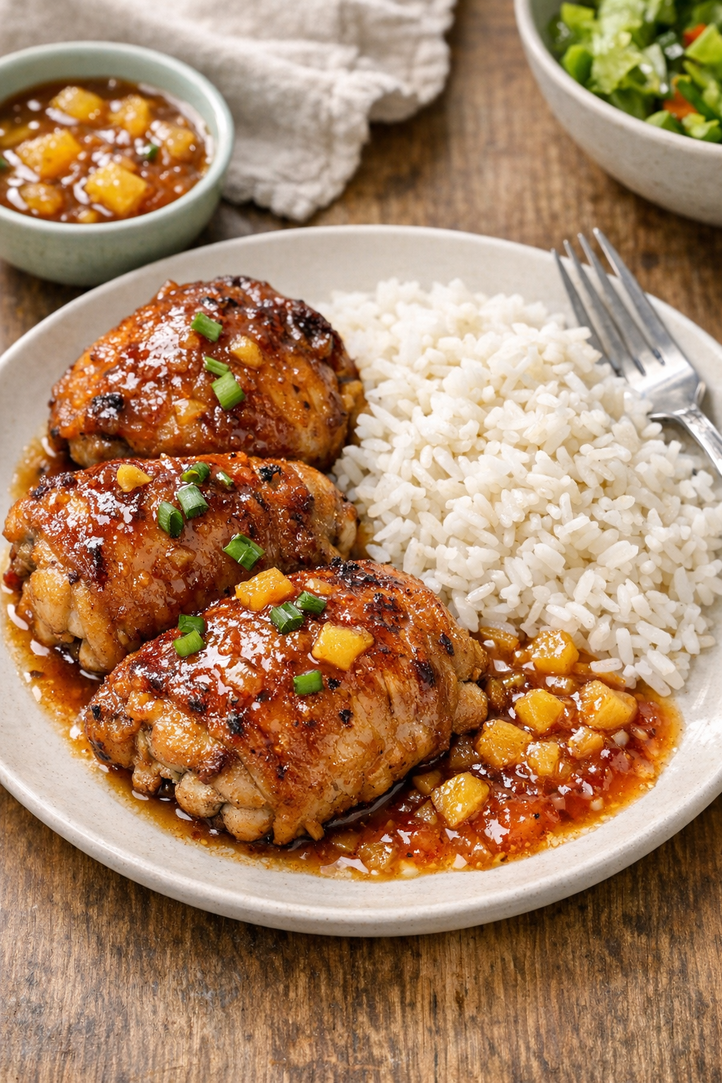 Finished tiki room chicken plated with rice