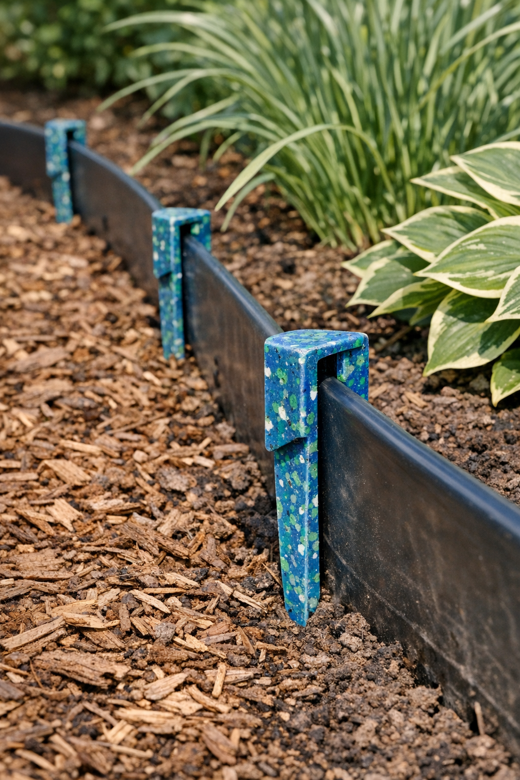 Finished heavy-duty landscape edging stakes installed along a garden border