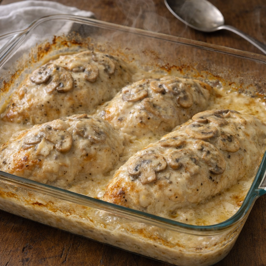 Creamy baked chicken in a casserole dish fresh from the oven