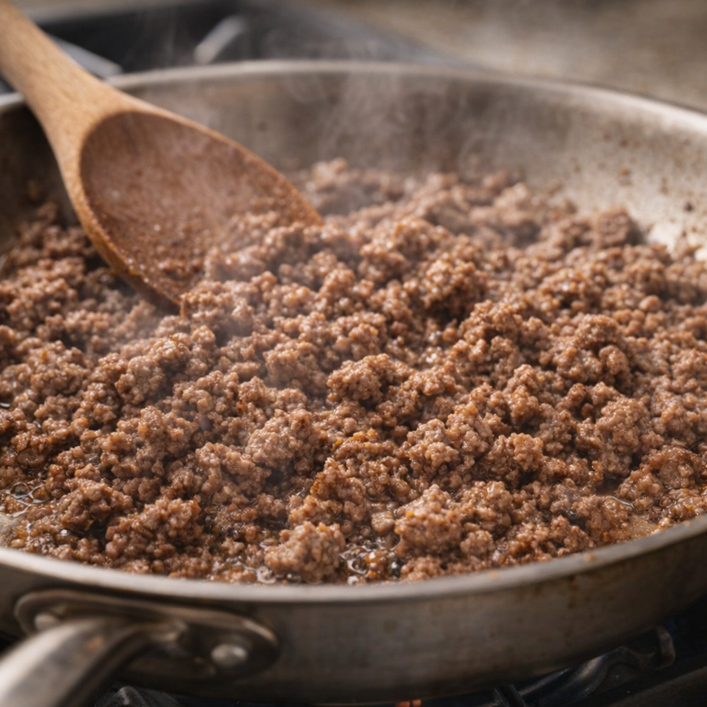 Ground beef browning in a skillet