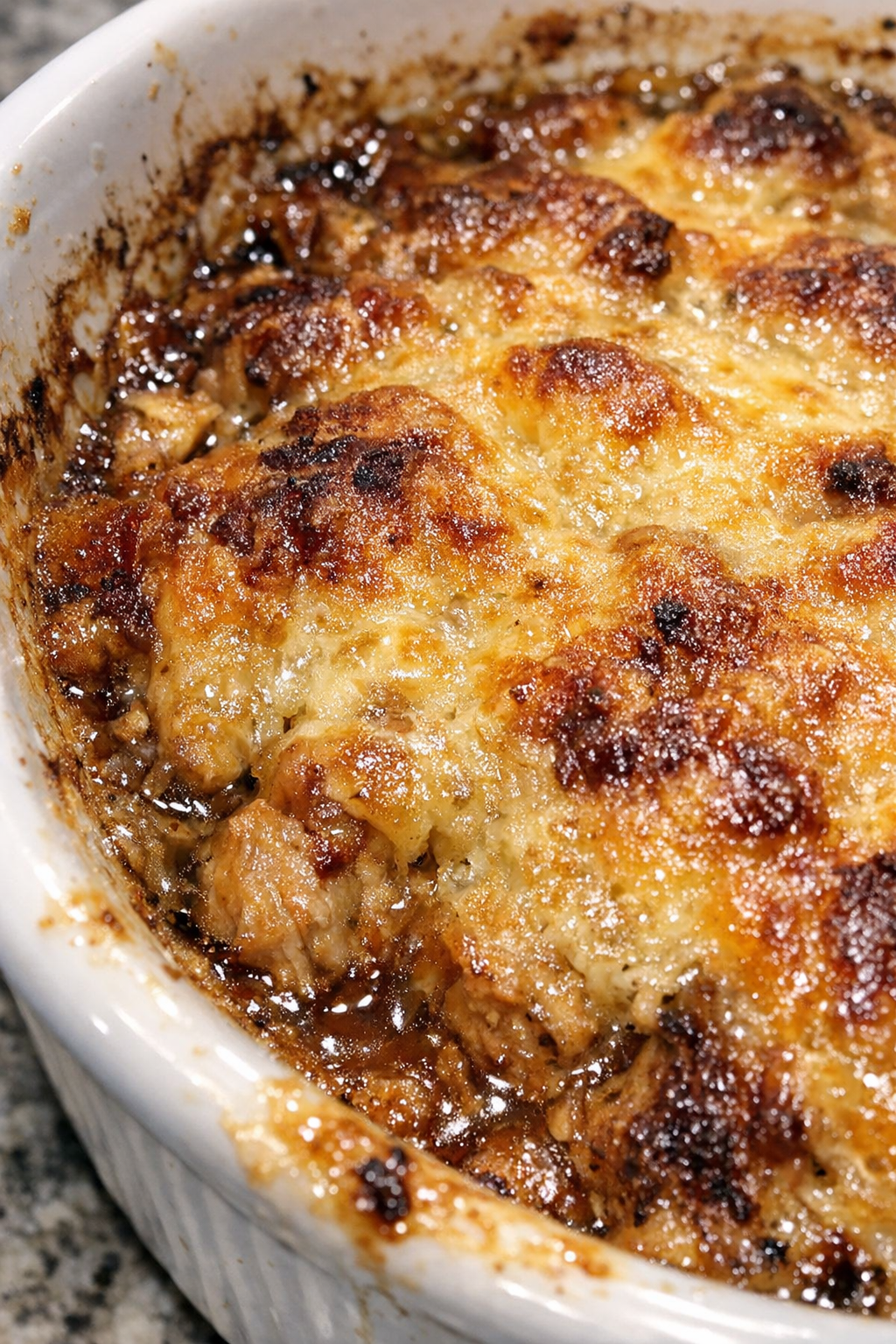 Bubbling casserole in a ceramic baking dish