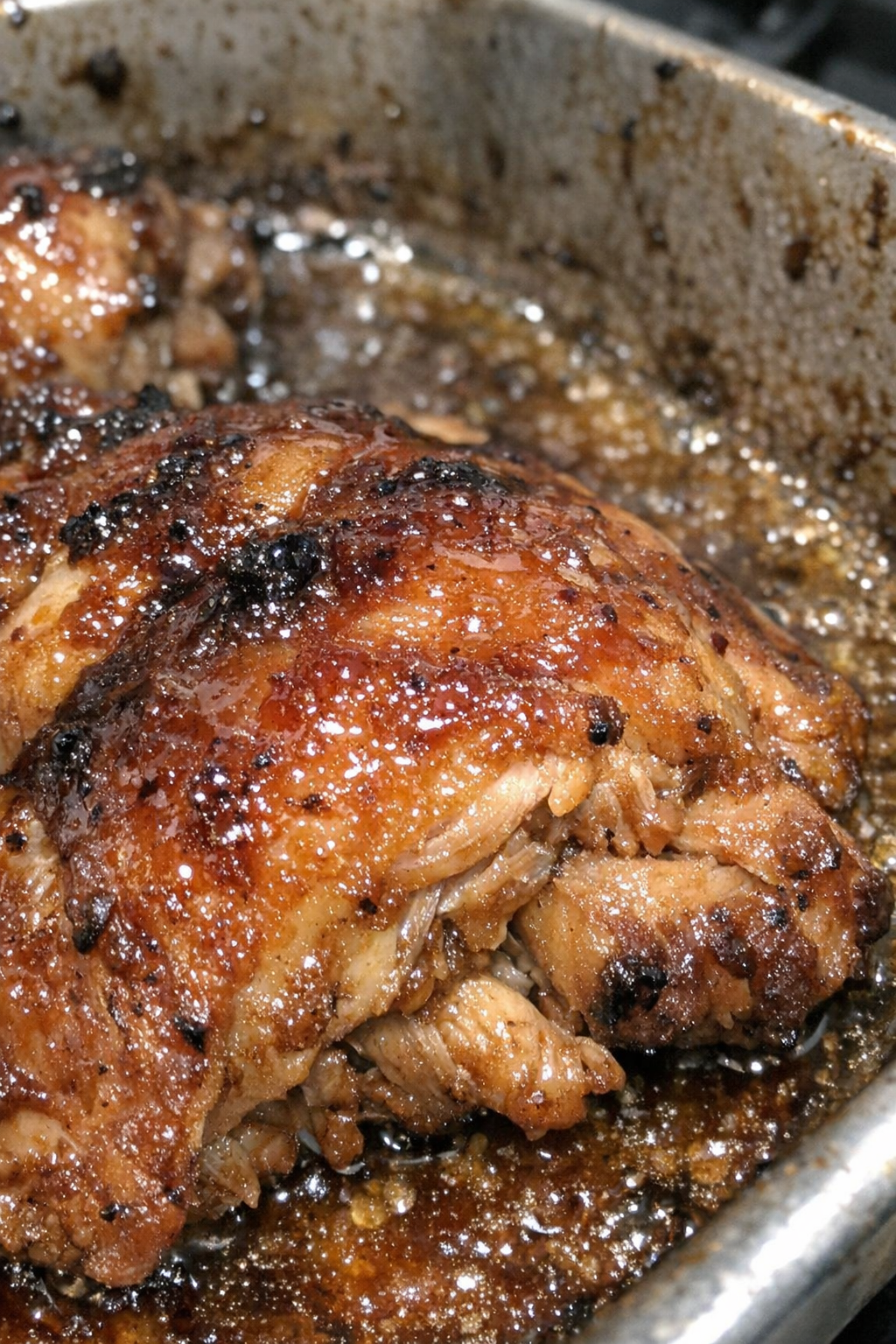 Heavily glazed roasted chicken in a roasting pan