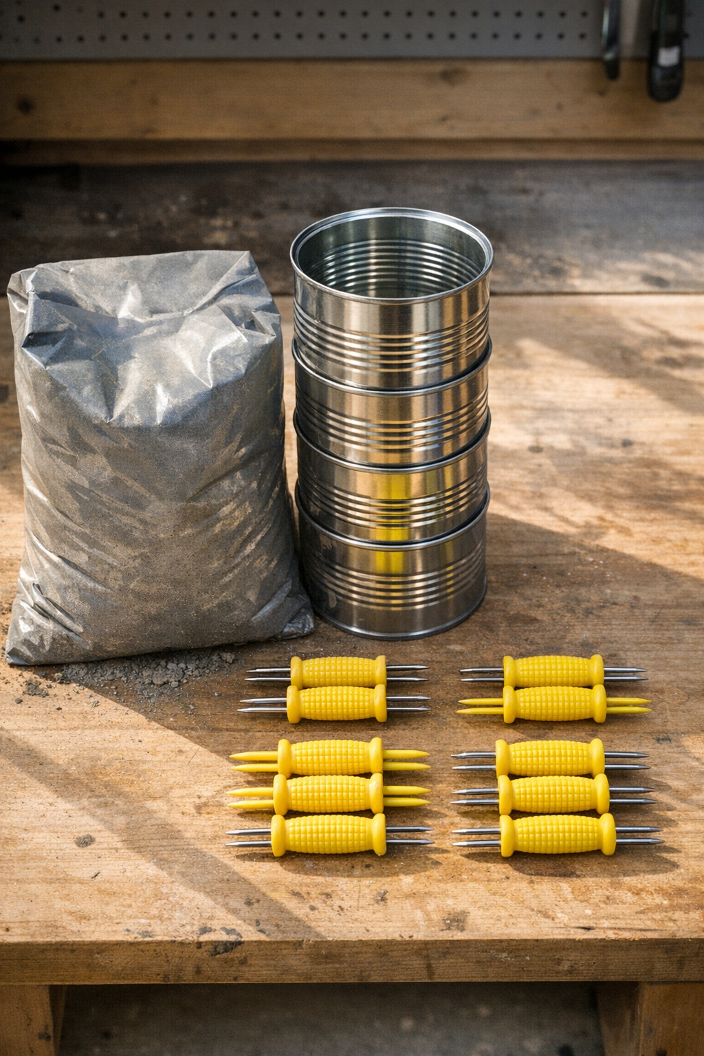 Materials for cement patio border pieces laid out on a work surface