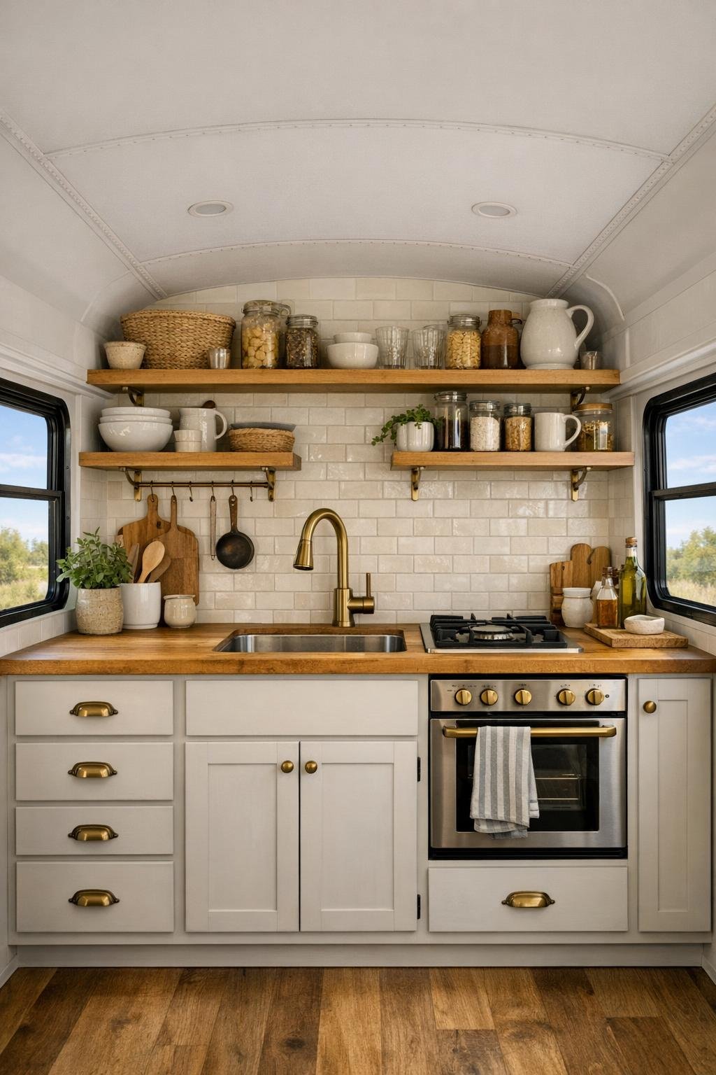 Galley kitchen inside a converted shuttle bus with butcher block counters and cream cabinetry