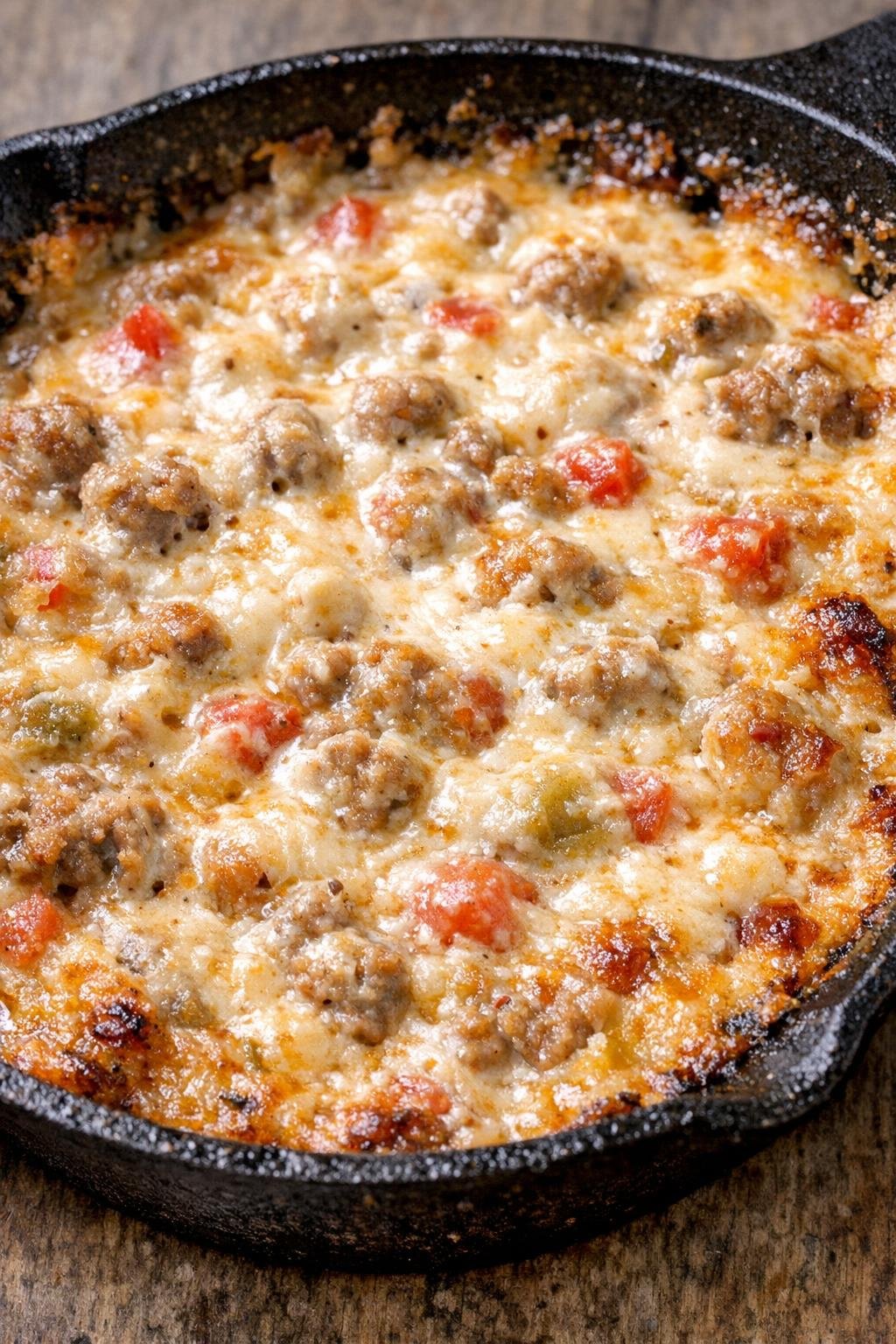 Southern 3-ingredient sausage dip in a cast iron skillet
