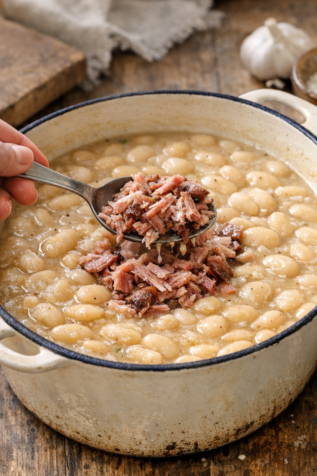 Shredded ham from the ham hock being added back to the beans