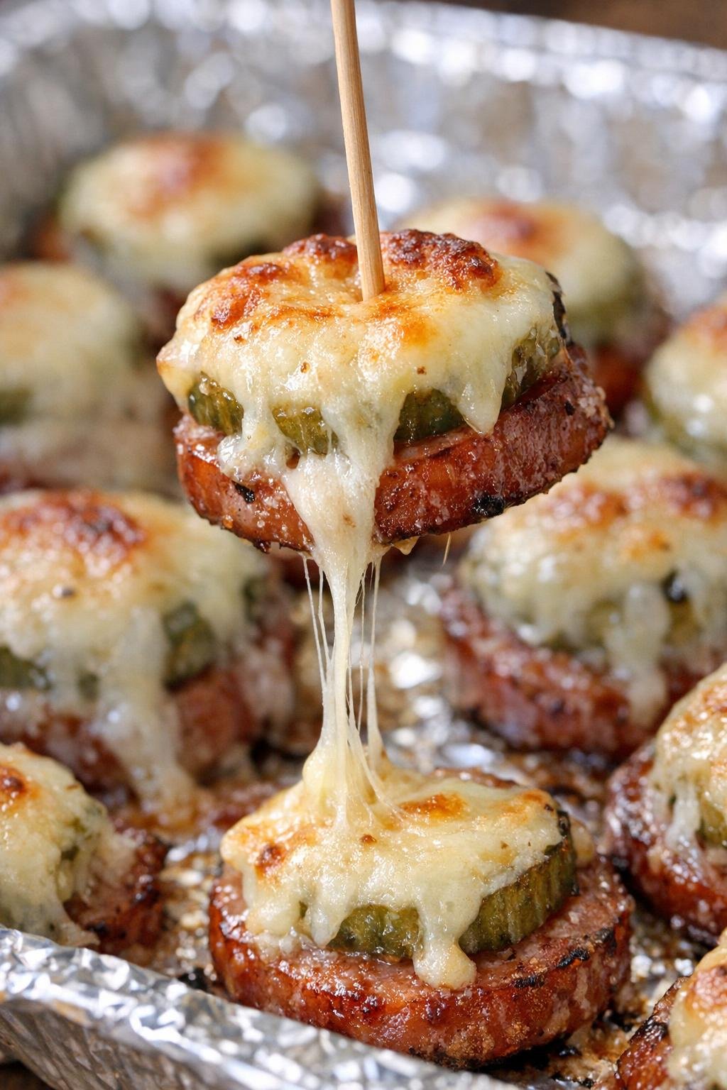 Low carb kielbasa bites with melted provolone on a foil tray