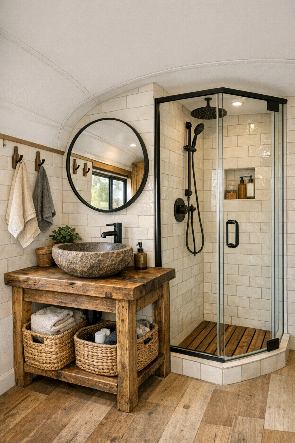 Small rustic bus bathroom with reclaimed wood vanity, cream tile, and black fixtures